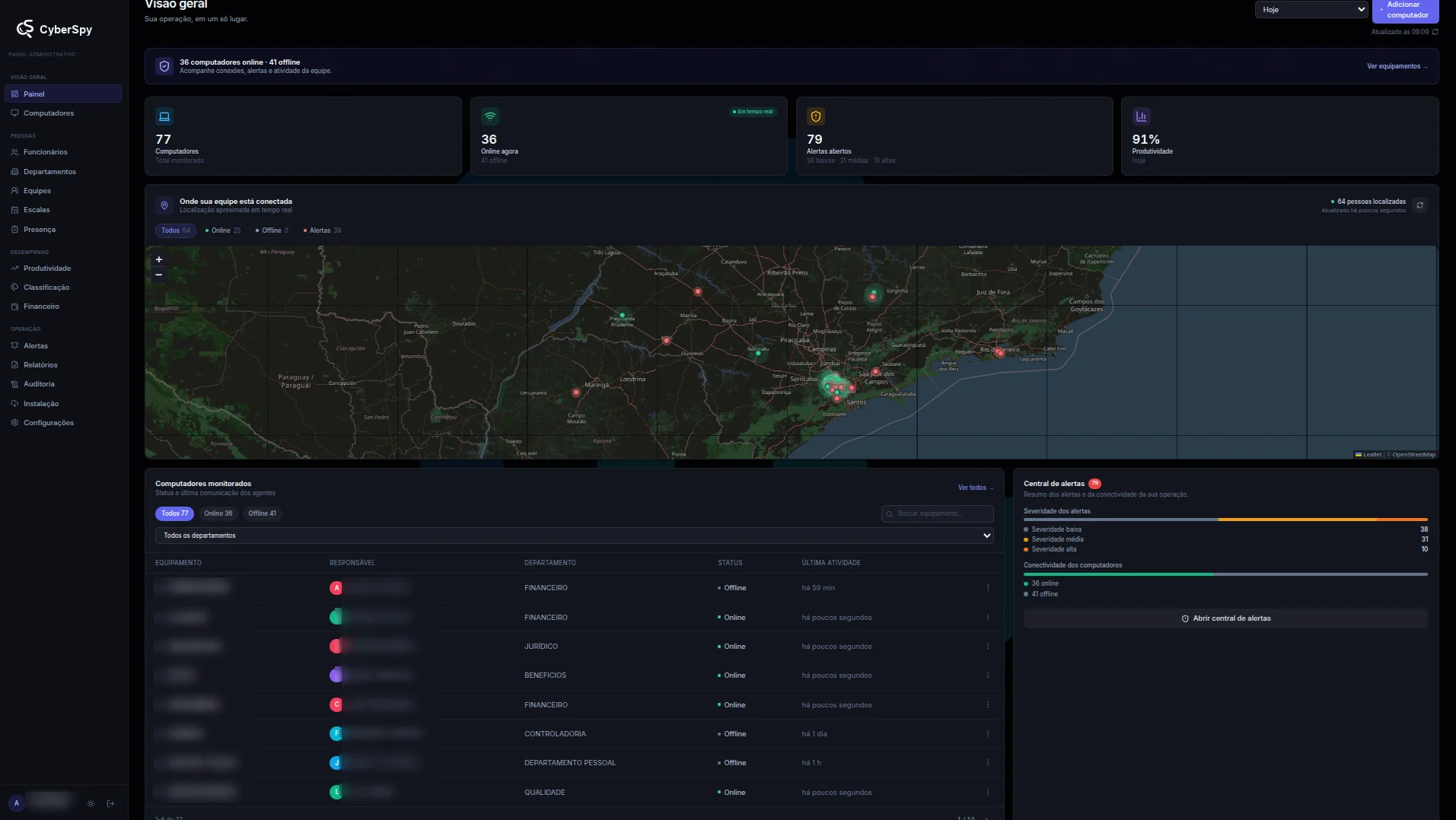 Painel principal do CyberSpy com indicadores, mapa e lista de computadores